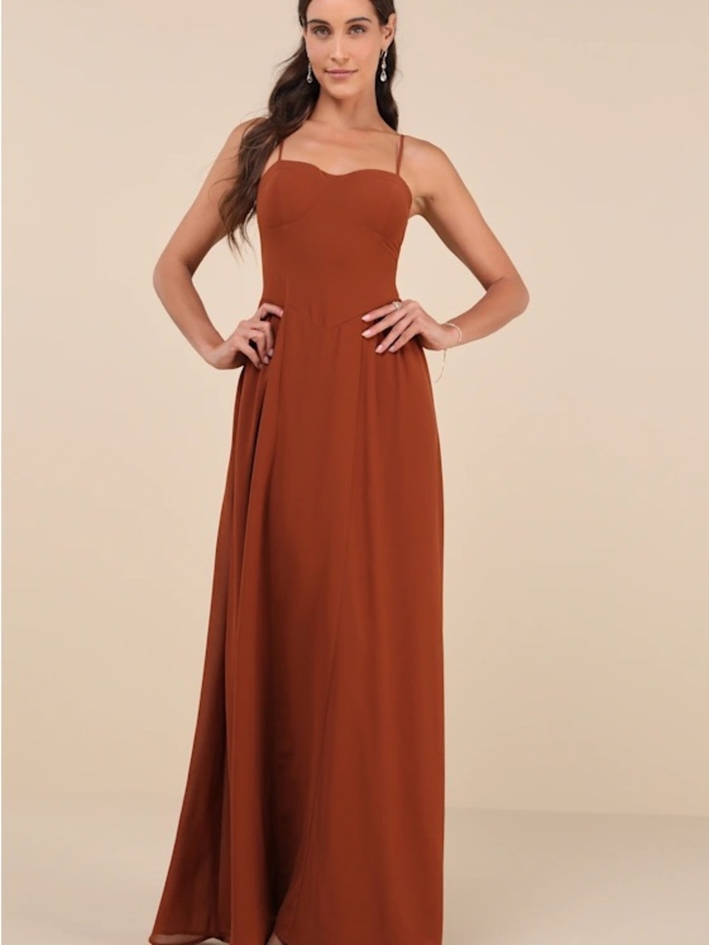 Lulu's Chiffon Rust Spaghetti-Strap Exuding Excellence Maxi Dress size Medium